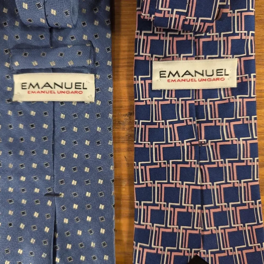 Emanuel Ungaro Tie Mens One Size Blue Silk Geometric Designer Lot Of 2 Classic